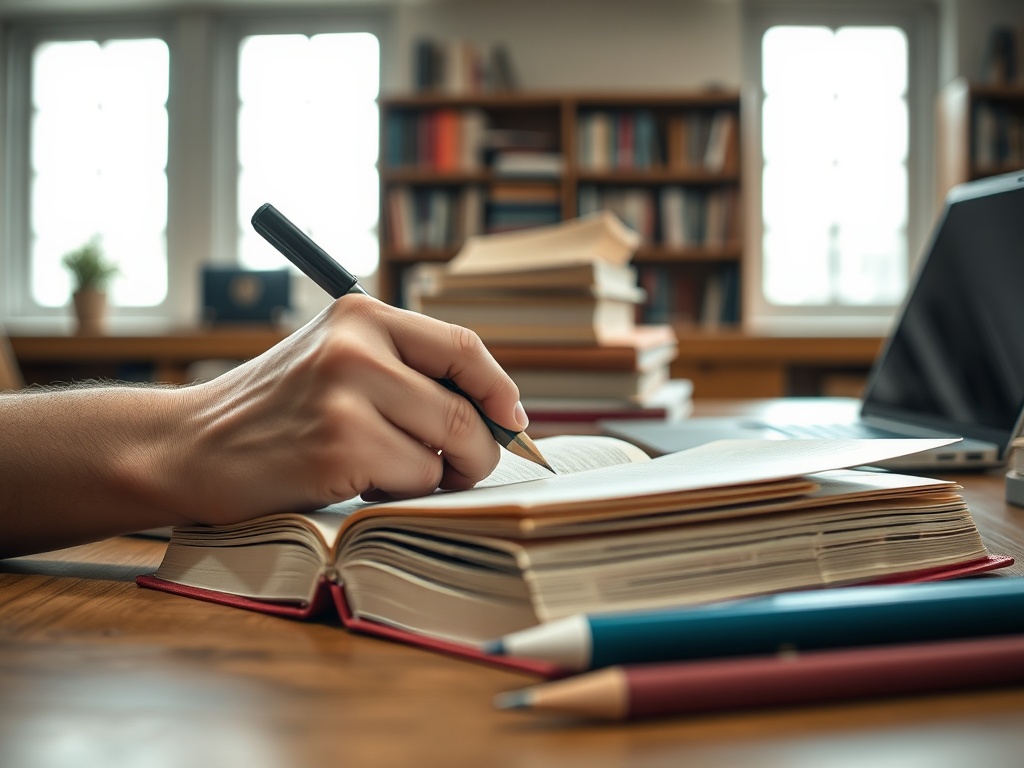 Рука с ручкой делает заметки в открытой книге на столе среди книг и канцелярских принадлежностей.