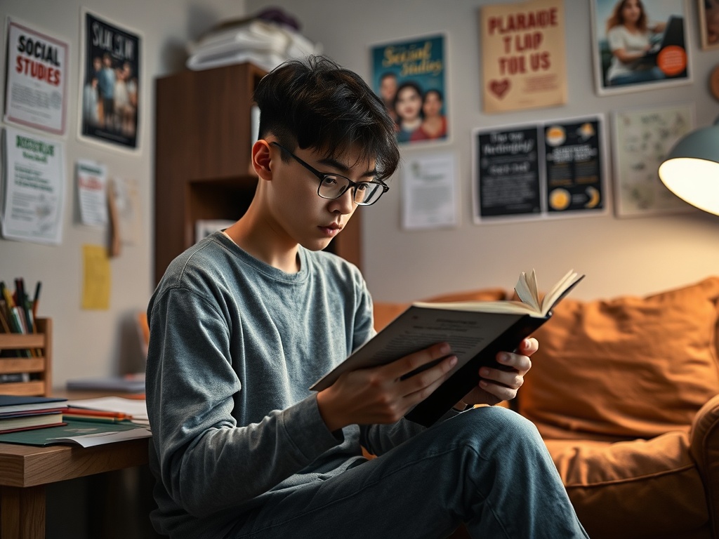 Подросток в сером свитере читает книгу, сидя на стуле в комнате с уютной атмосферой.