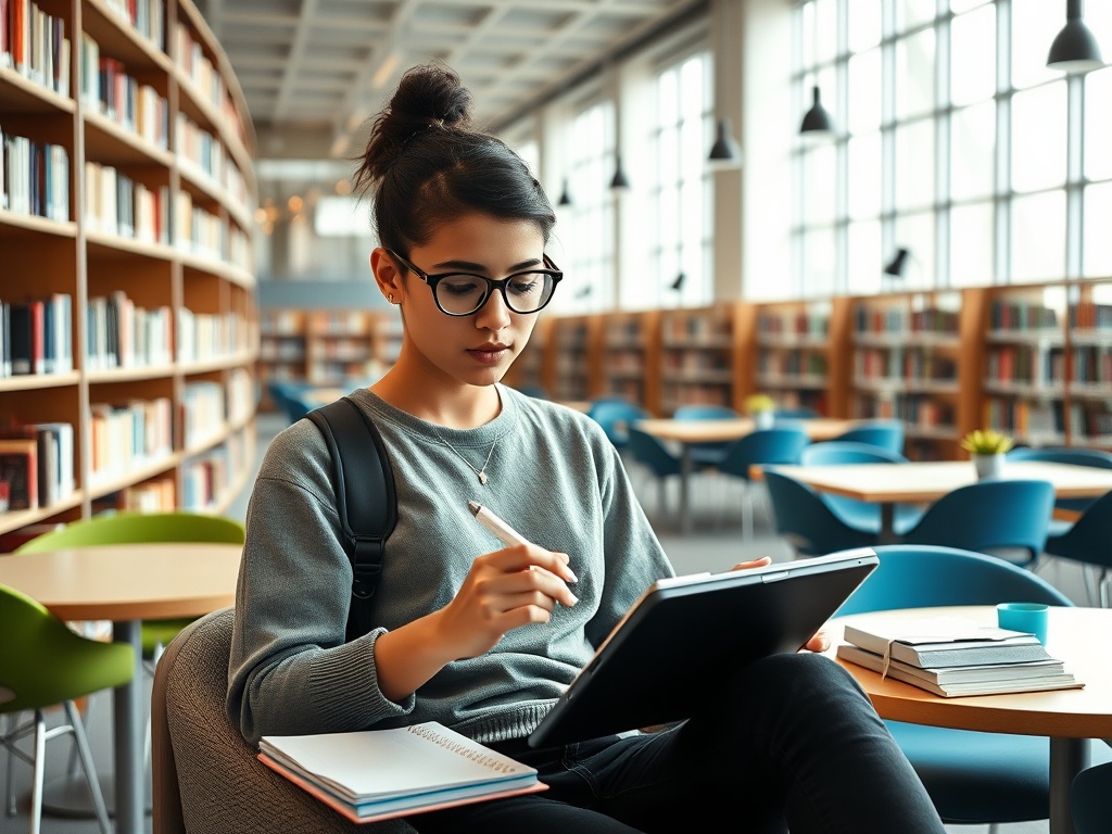 Молодая женщина в очках сидит в библиотеке и делает заметки на планшете. Книги и столы вокруг.