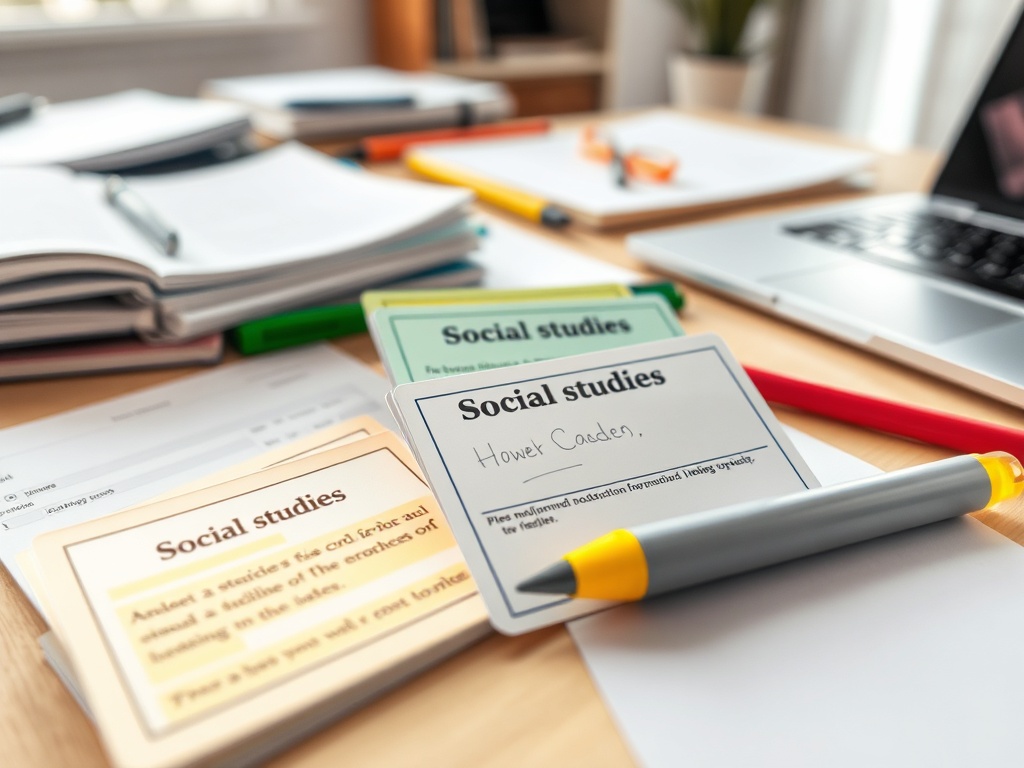 На столе лежат карточки и учебники по обществознанию, а также ноутбук и канцелярские принадлежности.