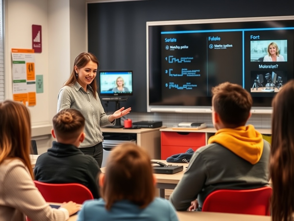 Преподаватель объясняет материал группе студентов в классе с современными технологиями.