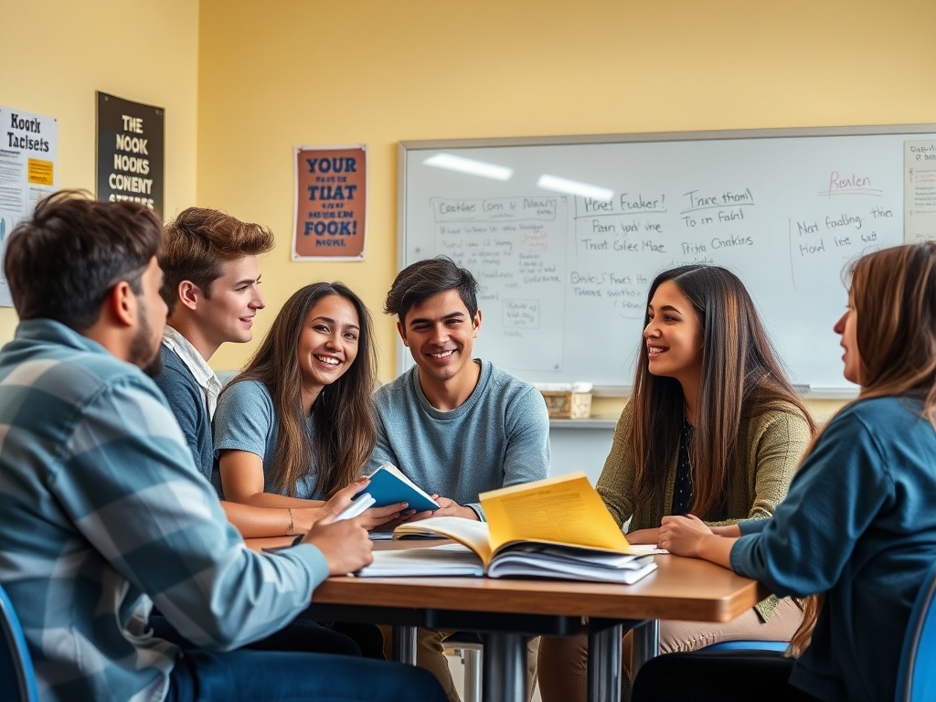 Группа студентов обсуждает учебные материалы в классе. Смех и дружеская атмосфера.