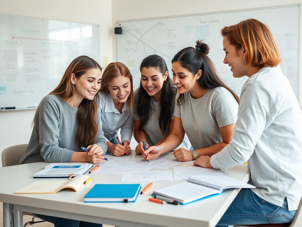 На изображении группа девушек, работающих над проектом за столом, обсуждая идеи и делая заметки.