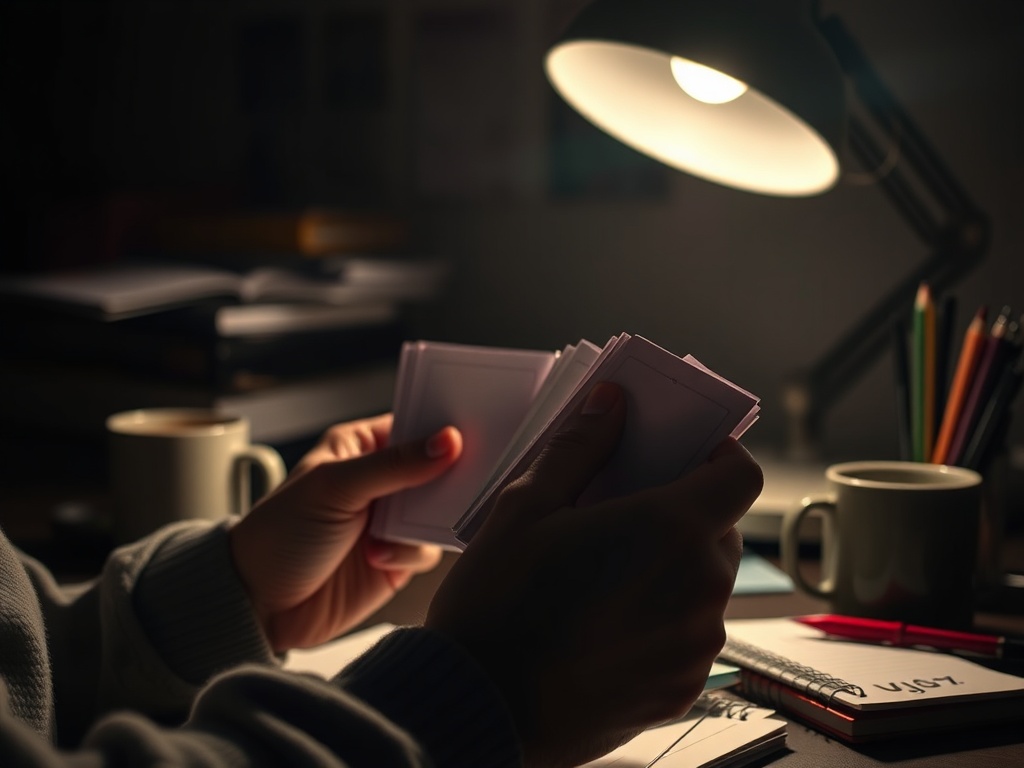 Человек держит карточки в руках, освещенные настольной лампой на фоне рабочего стола с чашкой кофе.