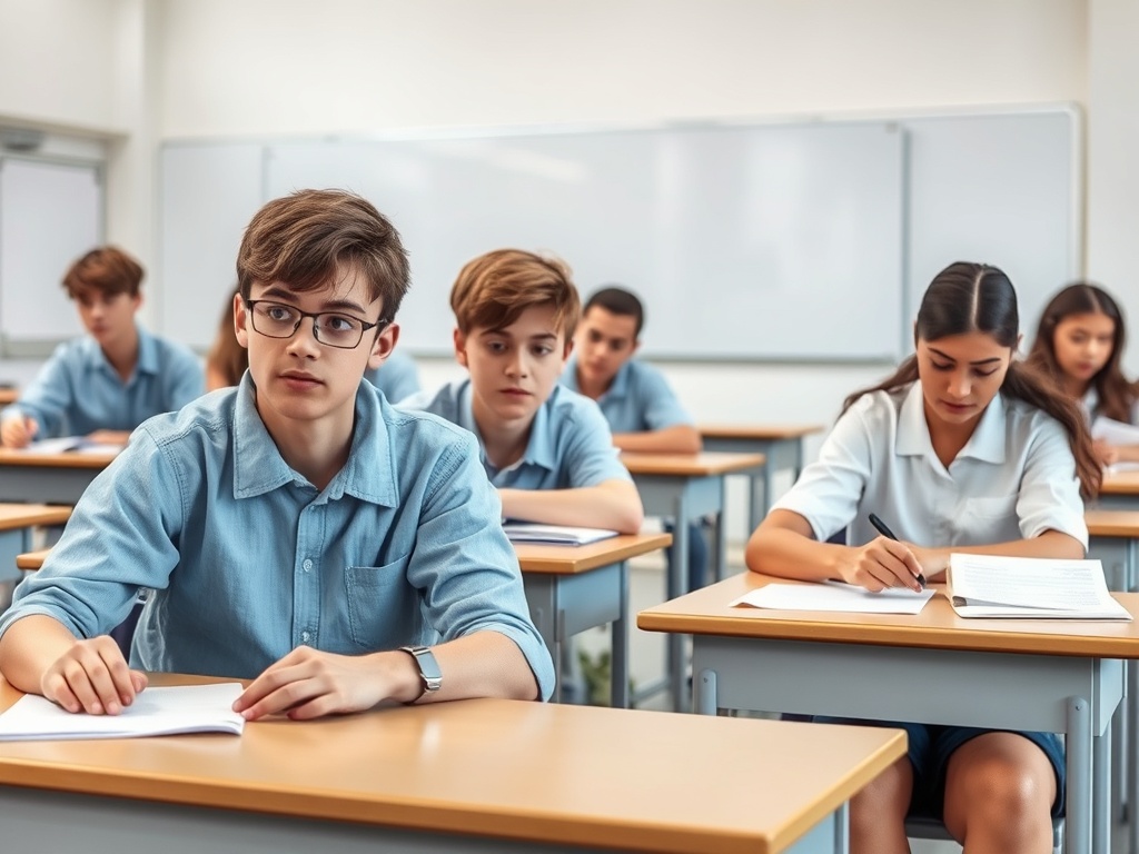 Ученики сидят в классе за партами, занимаются и готовятся к экзамену. Внимание сосредоточено на заданиях.