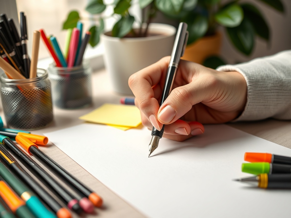 На столе ручка, блокнот и стаканы с пишущими принадлежностями, рука пишет на белом листе.