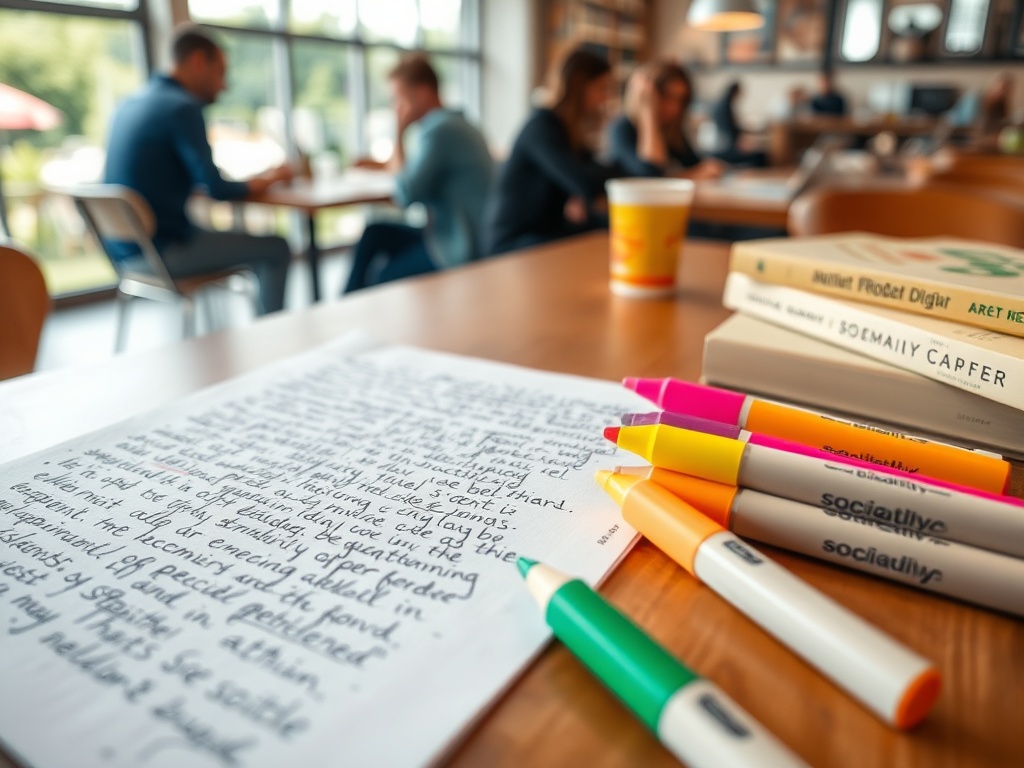 На столе заметки с текстом и цветные маркеры; на заднем плане люди общаются в кафе.