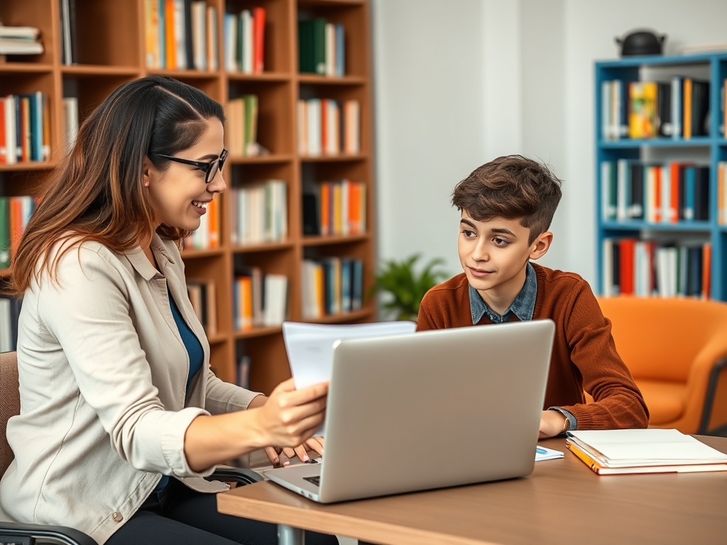 На изображении женщина и мальчик сидят за столом с ноутбуком, обсуждая документы в библиотеке.
