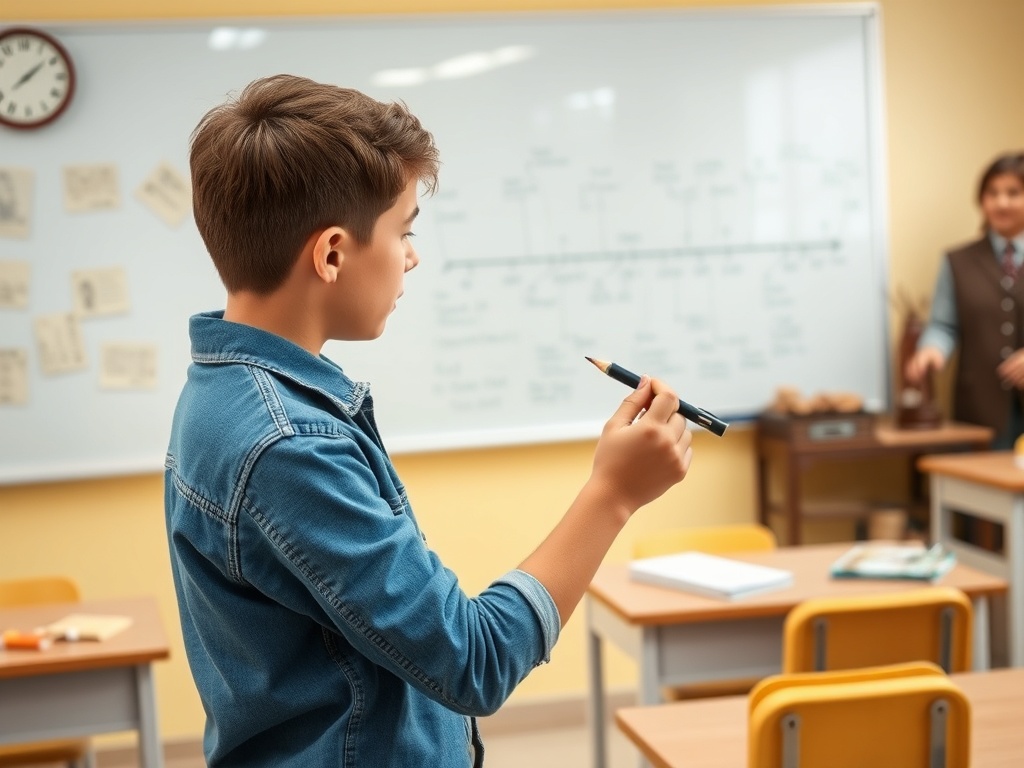 Мальчик в классе держит ручку, слушая преподавателя у доски. Вокруг учебные столы и заметки на стене.