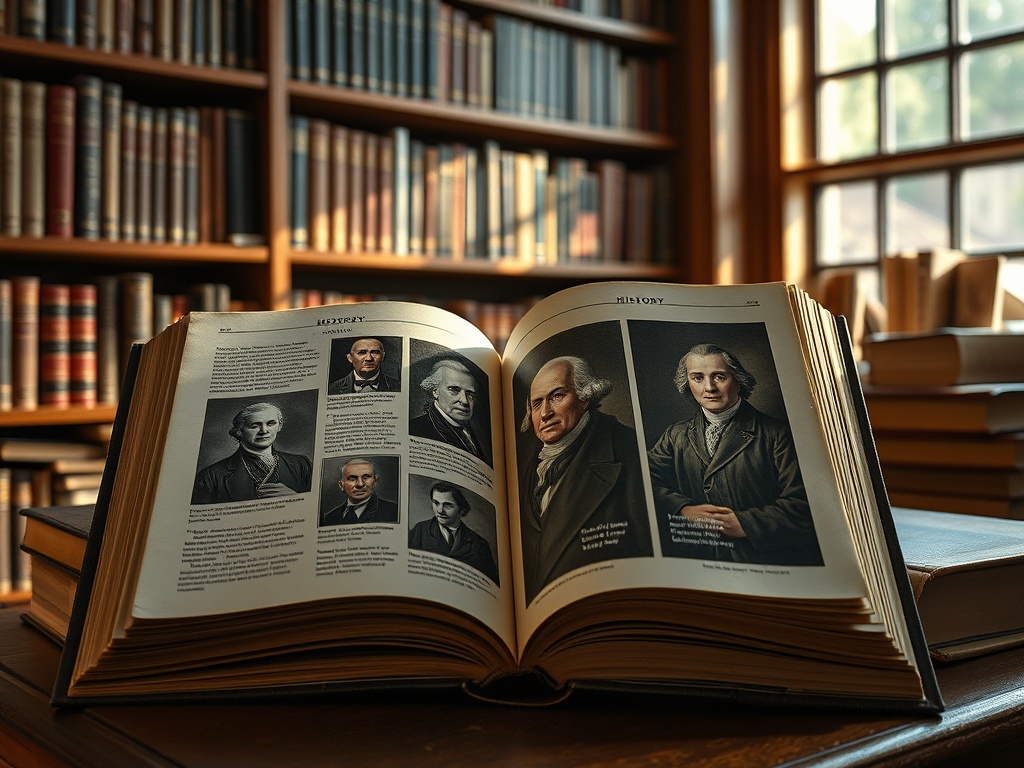 Открытая книга с портретами исторических деятелей на фоне библиотечных полок и солнечного света.