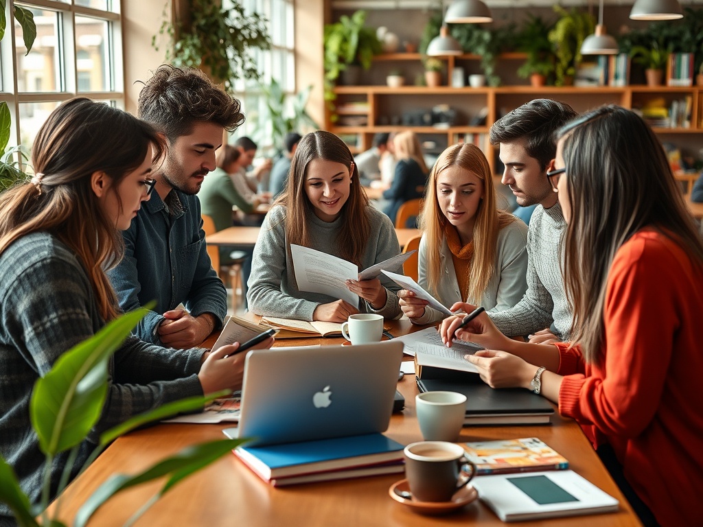 Группа молодых людей обсуждает проект за столом в кафе, вокруг книги и чашки с напитками.