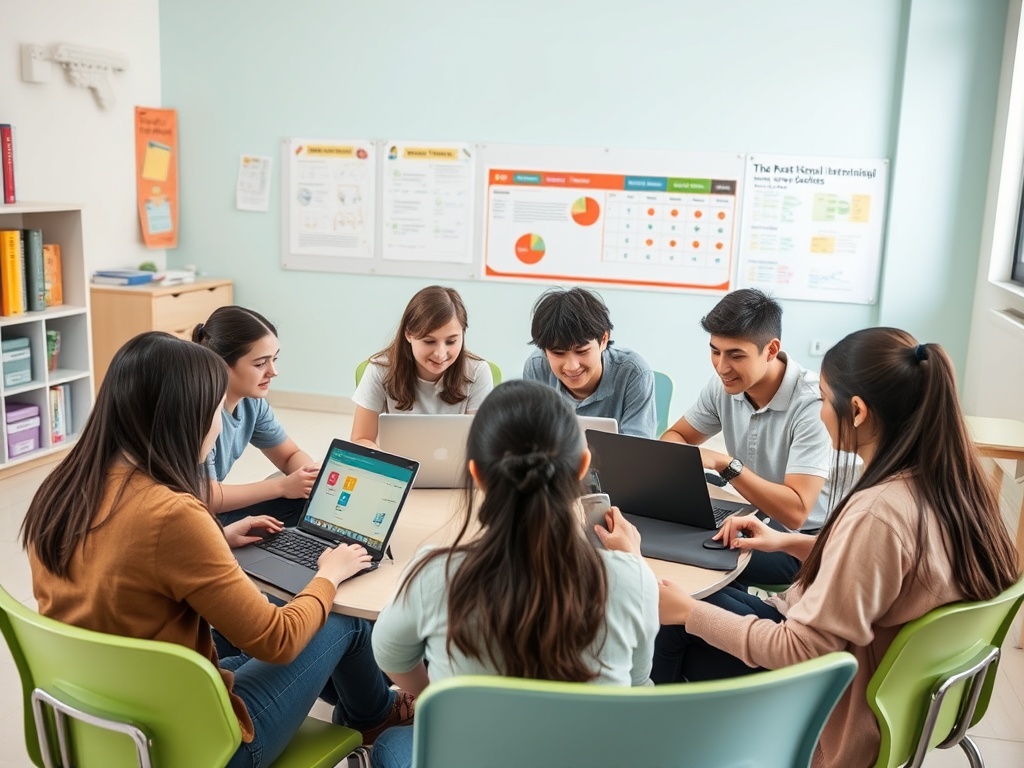 Группа студентов за столом, работающих на ноутбуках и обсуждающих проект в учебном классе.