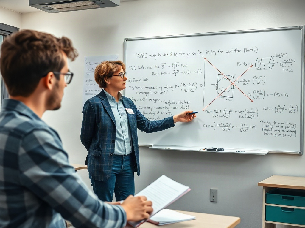 На доске написаны формулы, преподаватель объясняет материал группе студентов в аудитории.