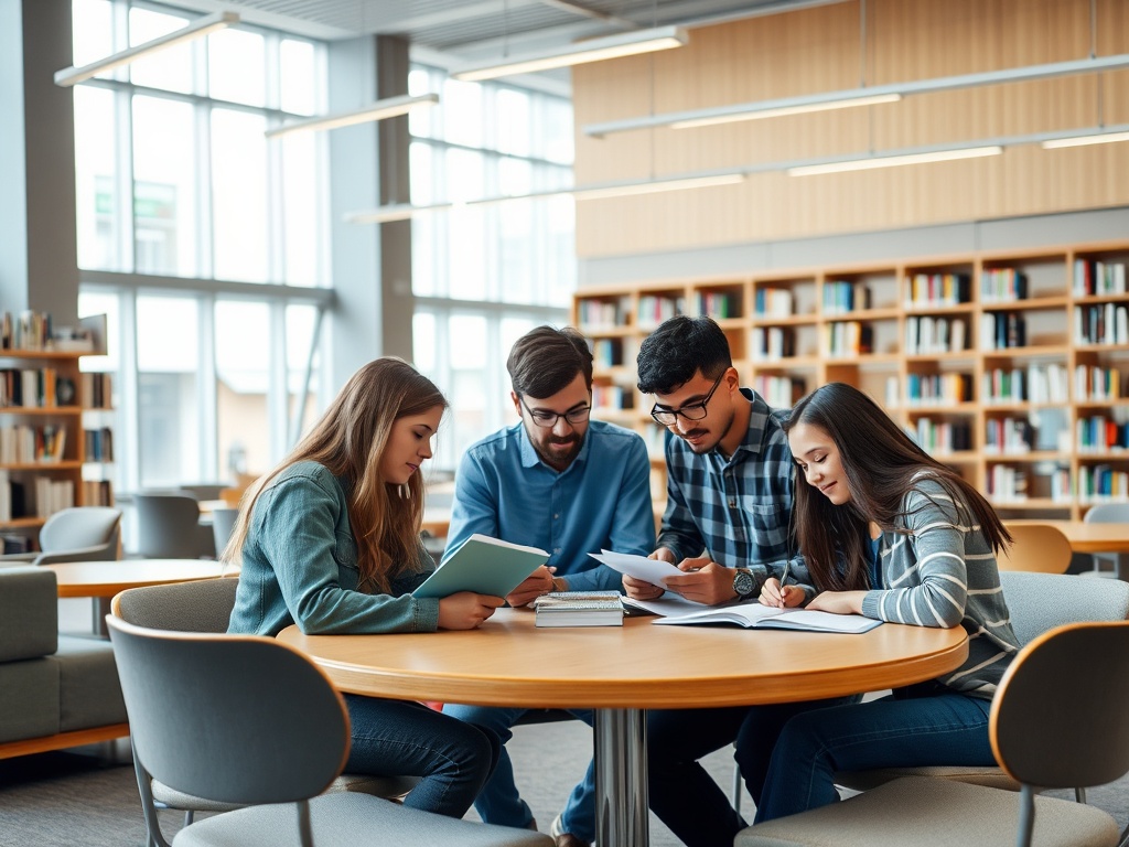 Четыре студента изучают материалы за круглым столом в библиотеке. Вокруг книги и уютная обстановка.