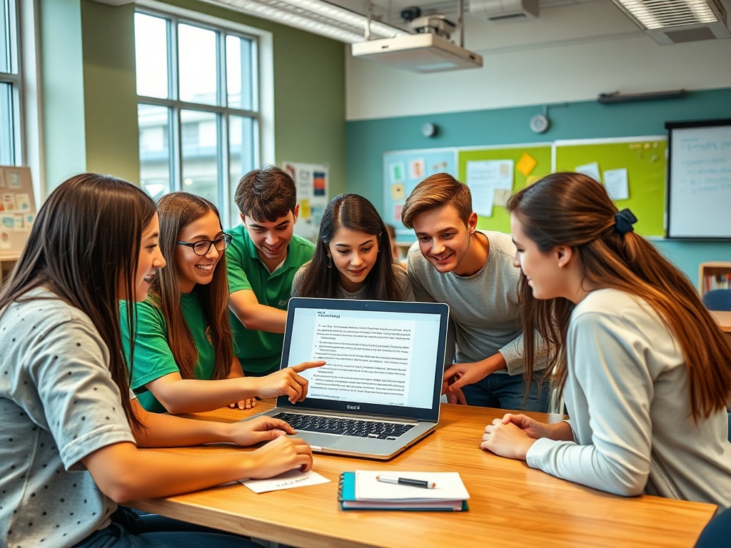 Группа студентов обсуждает работу за ноутбуком в классе, все внимательно смотрят на экран.